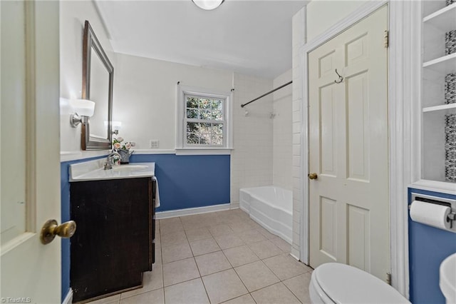 full bath featuring toilet, bathing tub / shower combination, baseboards, vanity, and tile patterned floors