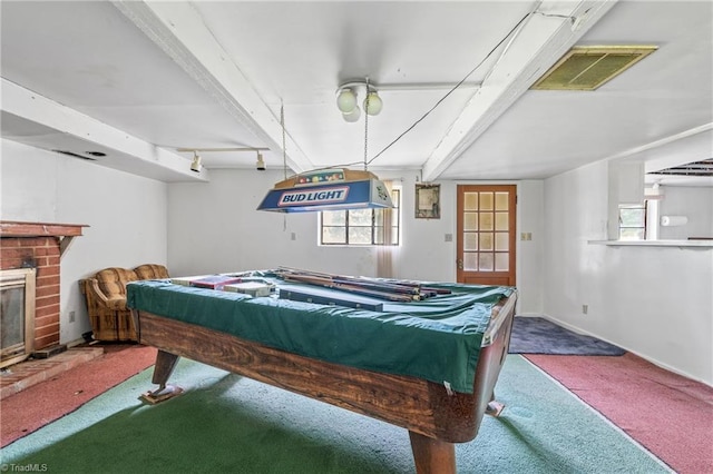 3542 Wayne White Rd, Climax, NC 27233 - rec room with carpet, billiards, and a fireplace