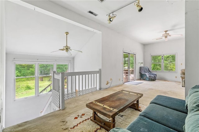 3542 Wayne White Rd, Climax, NC 27233 - carpeted living room featuring ceiling fan and lofted ceiling