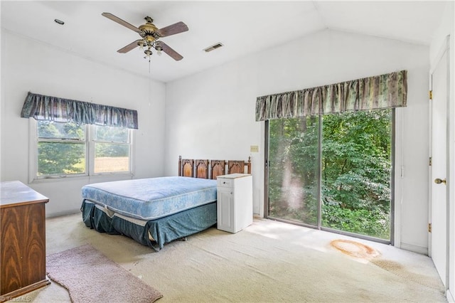3542 Wayne White Rd, Climax, NC 27233 - carpeted bedroom featuring lofted ceiling, a ceiling fan, and access to exterior