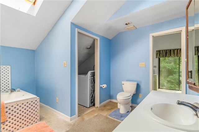 3542 Wayne White Rd, Climax, NC 27233 - full bathroom featuring vaulted ceiling, a skylight, a bath, and vanity