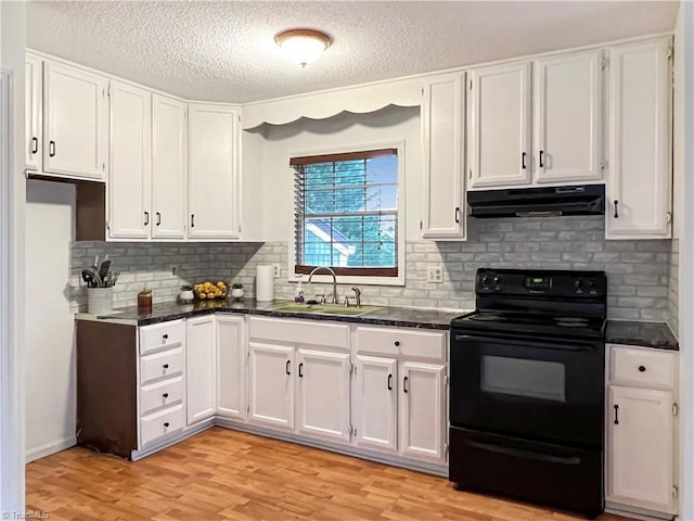 kitchen with sink, white cabinetry, light hardwood / wood-style flooring, a textured ceiling, and black range with electric cooktop