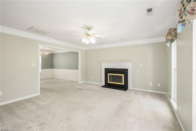 131 Hickory Creek Ct, Winston-Salem, NC 27107 - unfurnished living room with carpet flooring, a chandelier, a fireplace with flush hearth, crown molding, and a ceiling fan