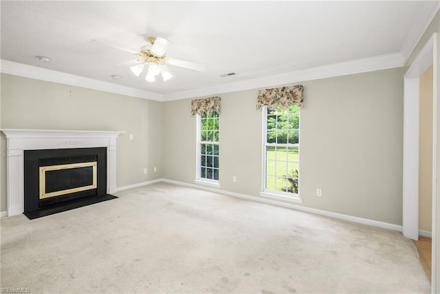 131 Hickory Creek Ct, Winston-Salem, NC 27107 - unfurnished living room with ornamental molding, a fireplace with flush hearth, ceiling fan, and carpet flooring