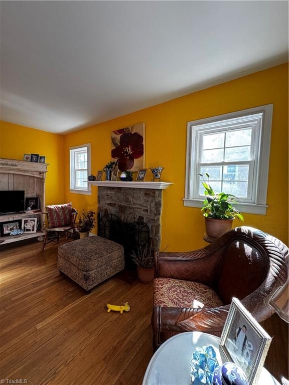 living room with hardwood / wood-style flooring and a stone fireplace