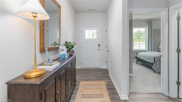doorway featuring a healthy amount of sunlight and dark hardwood / wood-style floors