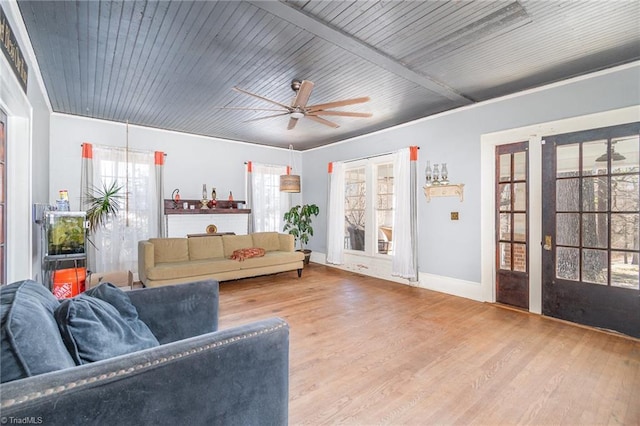 living room with wooden ceiling, wood finished floors, french doors, and ceiling fan