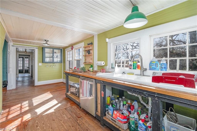 kitchen featuring dishwasher, plenty of natural light, wood finished floors, and baseboards