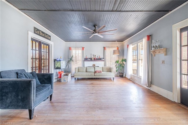 living area featuring french doors, wooden ceiling, a ceiling fan, and wood finished floors