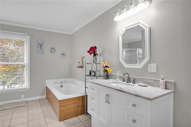 bathroom with vanity, tile patterned floors, ornamental molding, and a bathing tub