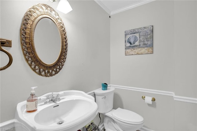 bathroom with toilet, sink, and crown molding