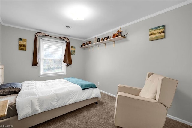 carpeted bedroom featuring ornamental molding