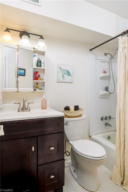 full bath with tile patterned flooring, vanity, toilet, shower / tub combo, and visible vents