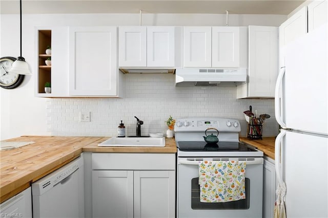 kitchen featuring butcher block counters, white appliances, white cabinetry, under cabinet range hood, and a sink
