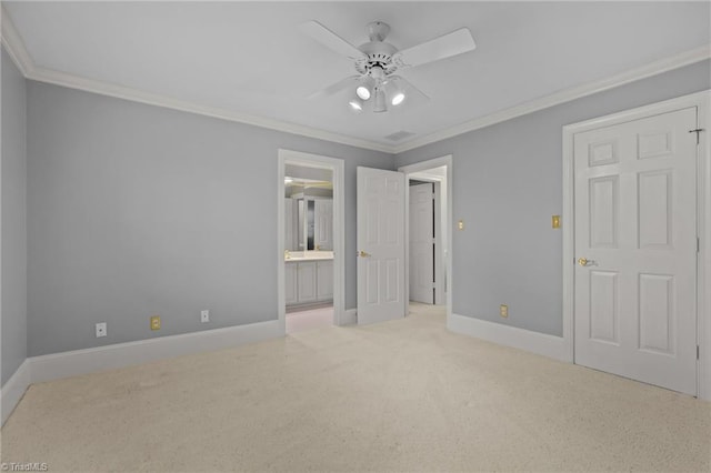5005 Marble Arch Rd, Winston-Salem, NC 27104 - unfurnished bedroom featuring carpet flooring, ornamental molding, baseboards, ensuite bath, and a ceiling fan