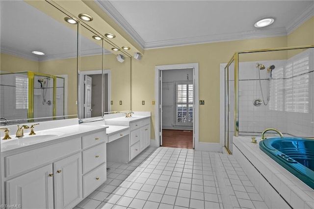 5005 Marble Arch Rd, Winston-Salem, NC 27104 - full bathroom with vanity, a shower stall, crown molding, tile patterned flooring, and a bath