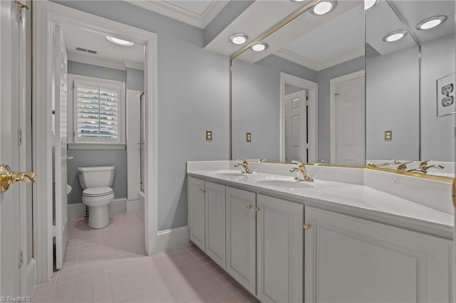 5005 Marble Arch Rd, Winston-Salem, NC 27104 - full bathroom featuring toilet, double vanity, tile patterned flooring, ornamental molding, and baseboards