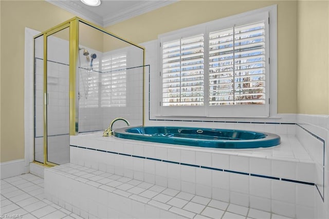 5005 Marble Arch Rd, Winston-Salem, NC 27104 - bathroom featuring ornamental molding, a garden tub, a shower stall, and tile patterned floors