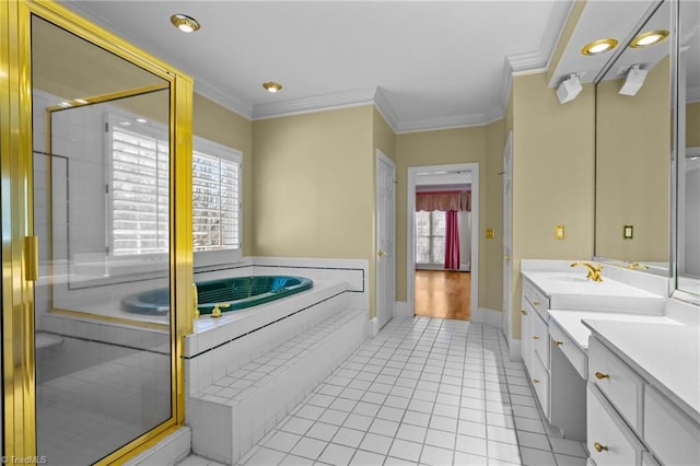 5005 Marble Arch Rd, Winston-Salem, NC 27104 - full bath featuring vanity, a shower stall, a garden tub, crown molding, and tile patterned flooring