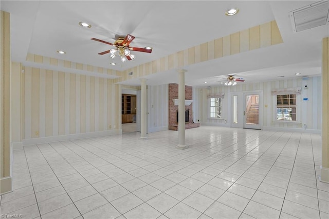 5005 Marble Arch Rd, Winston-Salem, NC 27104 - unfurnished living room featuring wallpapered walls, a ceiling fan, light tile patterned floors, a fireplace, and recessed lighting