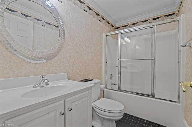5005 Marble Arch Rd, Winston-Salem, NC 27104 - full bathroom with vanity, toilet, tile patterned floors, shower / bath combination with glass door, and wallpapered walls