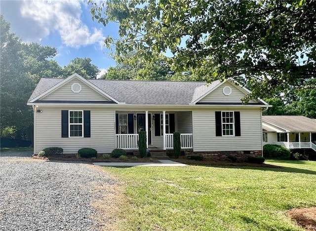 single story home with a porch, a front lawn, a shingled roof, and crawl space