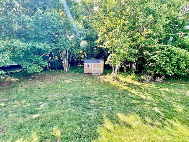 view of grassy yard with a storage unit and an outbuilding