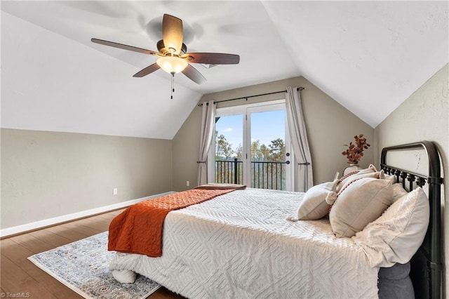 bedroom with lofted ceiling, wood-type flooring, ceiling fan, and access to exterior