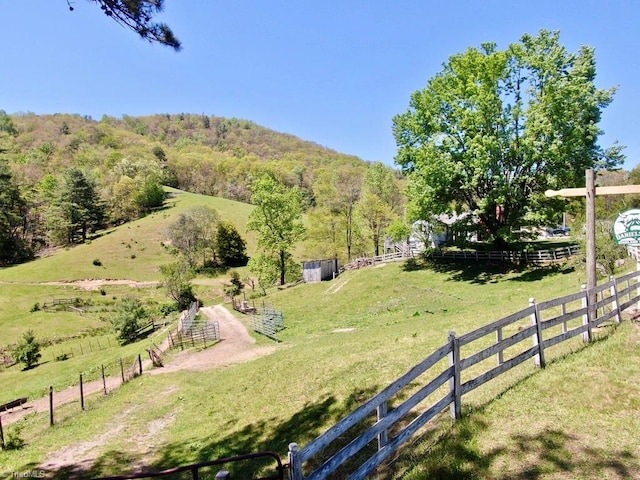 aerial view featuring a view of trees and a rural view