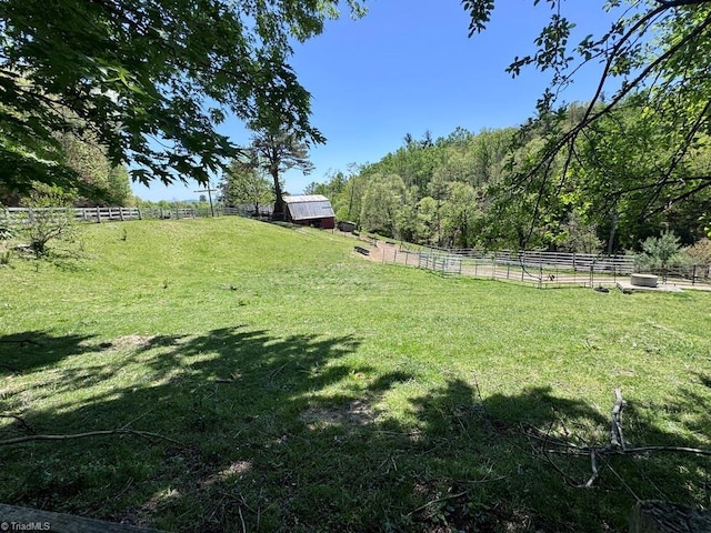 view of yard featuring fence, a rural view, and a forest view