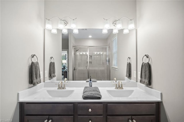 1417 Blooming Mountain Way, Kernersville, NC 27284 - bathroom with double vanity, a shower stall, and a sink