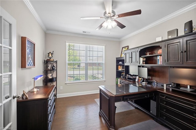 1417 Blooming Mountain Way, Kernersville, NC 27284 - office area featuring crown molding, ceiling fan, dark wood finished floors, baseboards, and visible vents