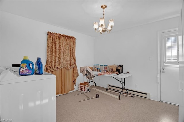 office space with carpet, a notable chandelier, independent washer and dryer, and a baseboard heating unit