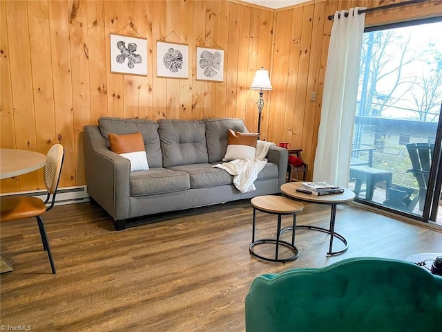 living room with wood walls, a healthy amount of sunlight, and wood finished floors