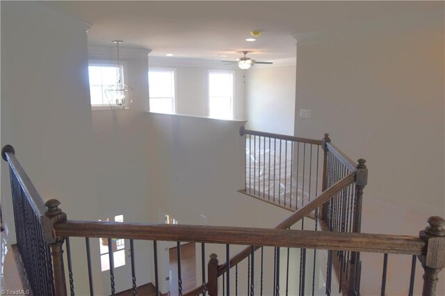 8113 Simon Dr Lot 38, Stokesdale, NC 27357 - stairs featuring crown molding, a high ceiling, a ceiling fan, and recessed lighting