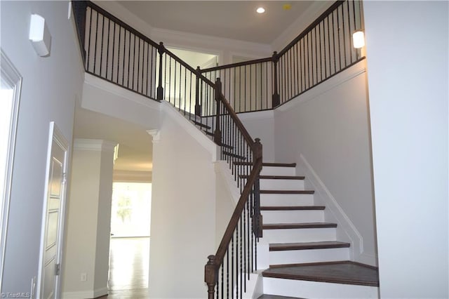 8113 Simon Dr Lot 38, Stokesdale, NC 27357 - staircase with a high ceiling, baseboards, recessed lighting, and ornamental molding