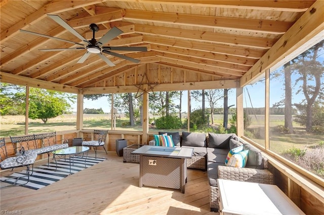 2281 Quarter Rd, Swanquarter, NC 27885 - sunroom / solarium with an outdoor hangout area, vaulted ceiling, a ceiling fan, and plenty of natural light