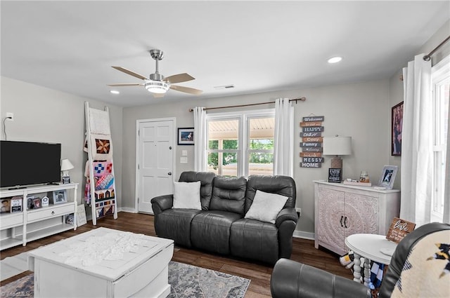 2281 Quarter Rd, Swanquarter, NC 27885 - living room featuring a ceiling fan, recessed lighting, baseboards, and dark wood finished floors