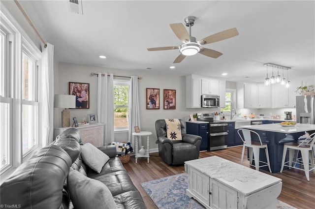 2281 Quarter Rd, Swanquarter, NC 27885 - living area with ceiling fan, recessed lighting, dark wood-style flooring, and baseboards