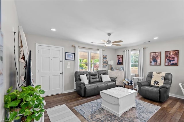 2281 Quarter Rd, Swanquarter, NC 27885 - living area with healthy amount of natural light, dark wood-style floors, ceiling fan, baseboards, and recessed lighting