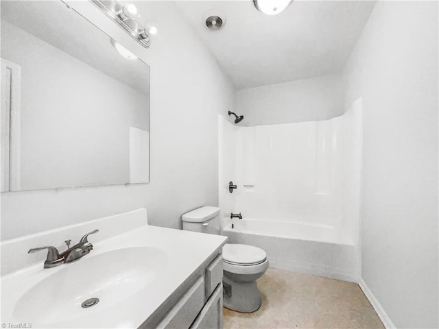 bathroom featuring toilet,  shower combination, and vanity