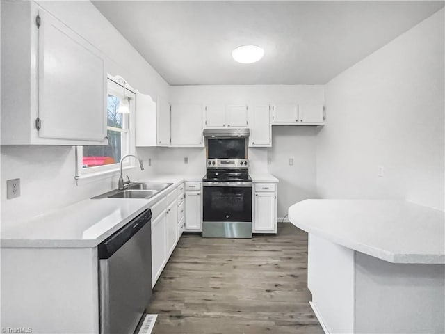 kitchen with stainless steel appliances, a sink, white cabinetry, and under cabinet range hood