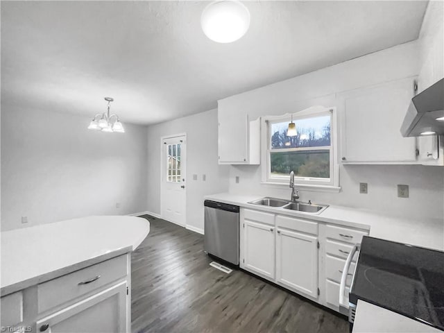 kitchen with range with electric cooktop, dishwasher, light countertops, white cabinetry, and a sink