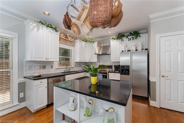 4002 Hobbs Rd, Greensboro, NC 27410 - kitchen with stainless steel appliances, wall chimney range hood, open shelves, ornamental molding, and white cabinets