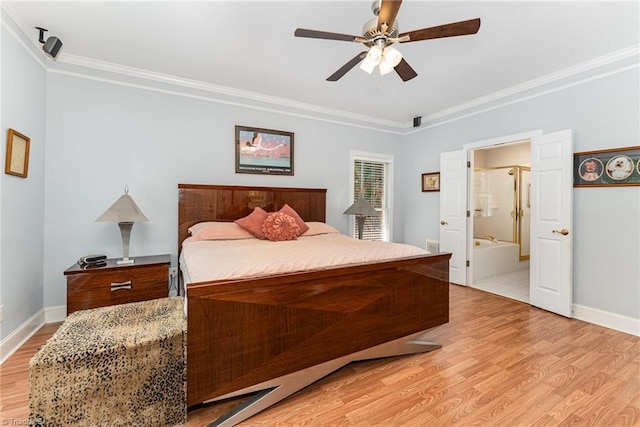 4002 Hobbs Rd, Greensboro, NC 27410 - bedroom with crown molding, light wood-type flooring, a ceiling fan, and ensuite bath