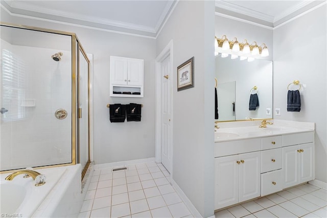 4002 Hobbs Rd, Greensboro, NC 27410 - full bathroom featuring double vanity, a shower stall, a bath, tile patterned flooring, and crown molding