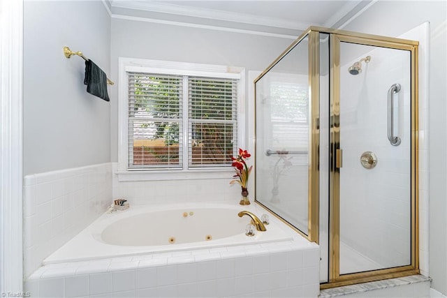4002 Hobbs Rd, Greensboro, NC 27410 - bathroom featuring a tub with jets, a stall shower, and crown molding