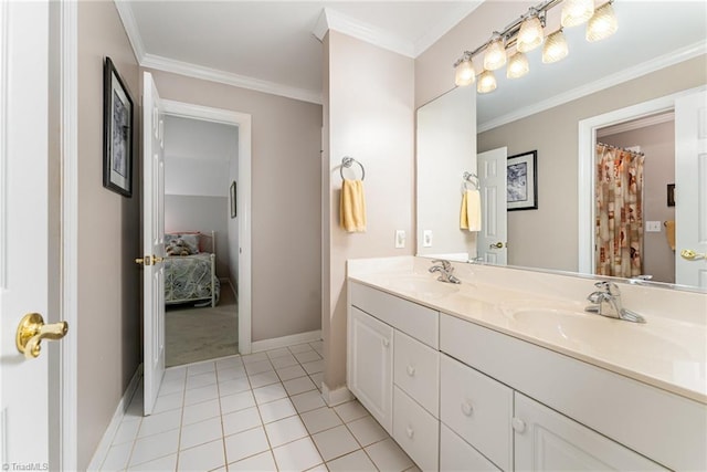 4002 Hobbs Rd, Greensboro, NC 27410 - bathroom with double vanity, ornamental molding, tile patterned flooring, and ensuite bathroom