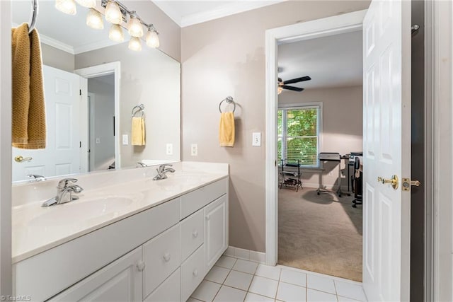 4002 Hobbs Rd, Greensboro, NC 27410 - full bathroom with crown molding, double vanity, ceiling fan, and tile patterned flooring