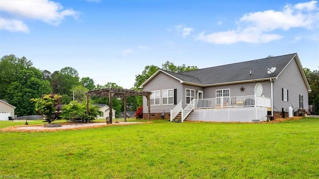 rear view of property with a deck, stairway, a pergola, crawl space, and a lawn